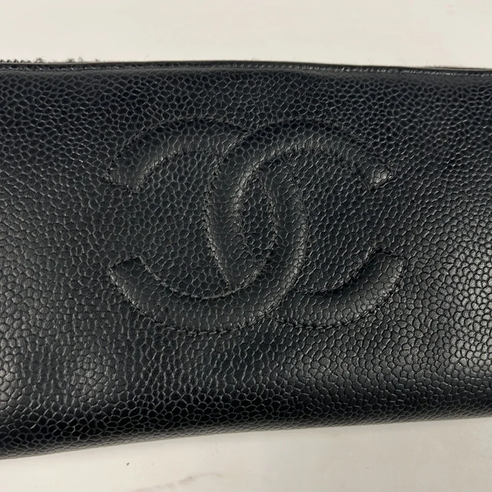 Chanel Classic Black Caviar Leather Long Clutch Zip Around Wallet
